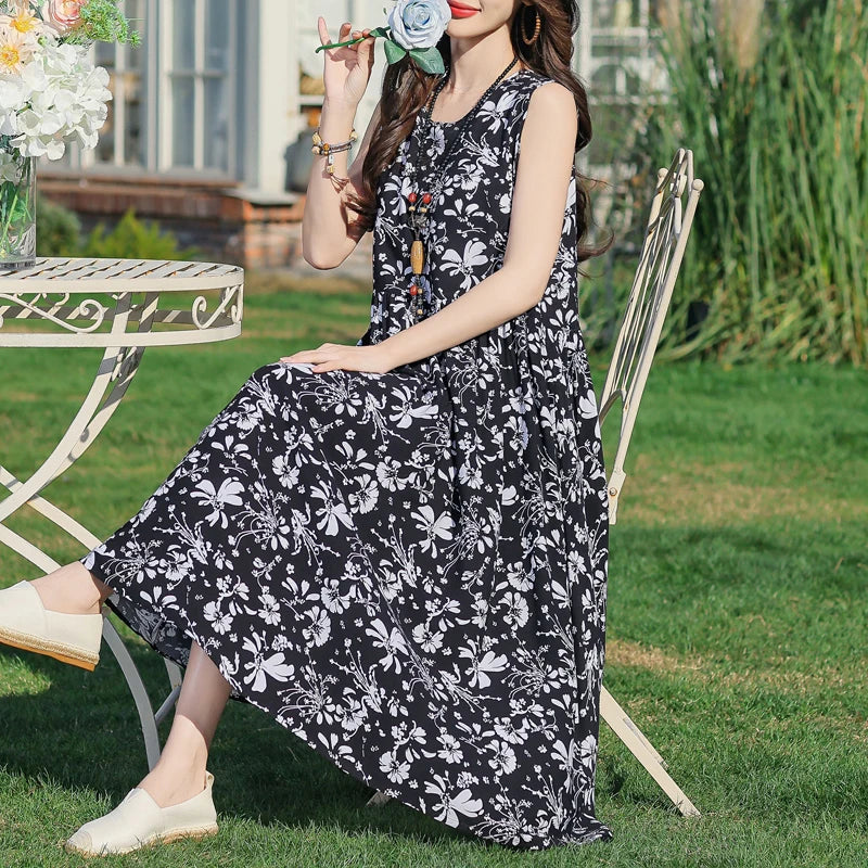 Plus Size Women Dress 2025 Summer Long Dress Vintage Loose Casual Elegant  Sleeveless Dress Women