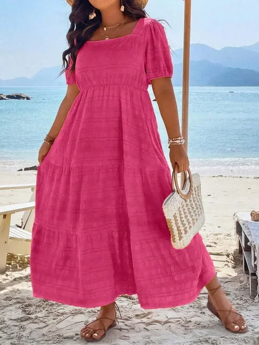 Plus Size 1XL-5XL New Women's Fashionable Square Neck Solid Color Dress Ladies Casual A-line Skirt Short Sleeved Long Dress