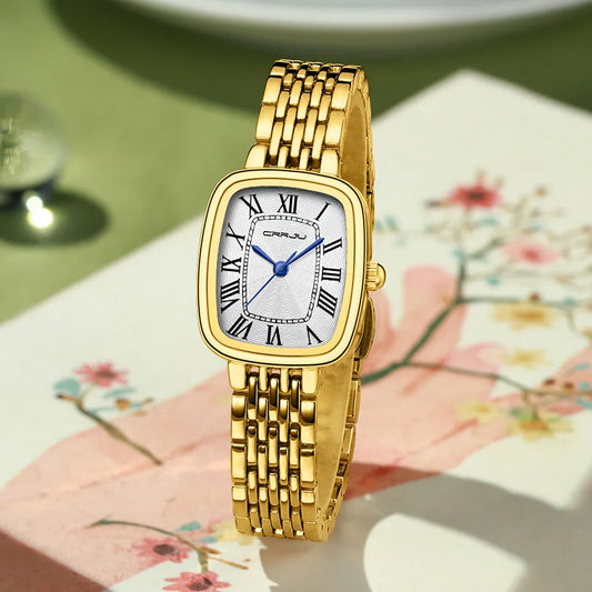 CRRJU Top Brand Gold Watches for Women with Small Vintage Bracelet, Rectangular Case Roman Dial