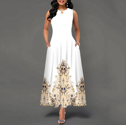 Women Plus Size Casual Retro Long Dress with Pockets Floral Print Swing Dress
