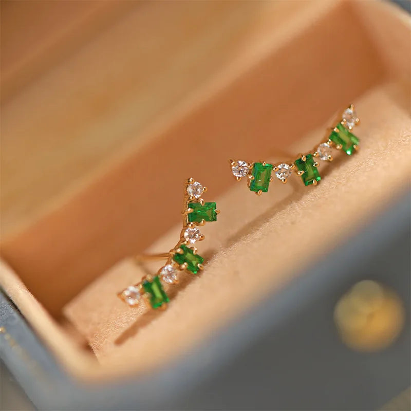 925 Sterling Silver Emerald Zircon Earring Gold Plated Vintage Style Ear Stud, Elegant Statement Jewelry for Women