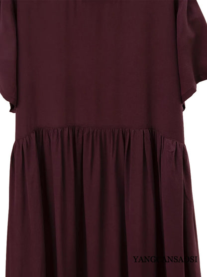 Plus Size Women's Casual Summer New Breathable 100% Natural Mulberry Silk Double Crepe Wine Red Round Neck Short Sleeved Dress