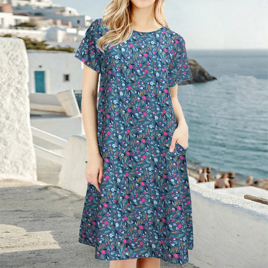 Plus-Size Women's Floral Print round Neck Short Sleeve Dress Loose Fit Fashionable Casual Home Wear Everyday Dress