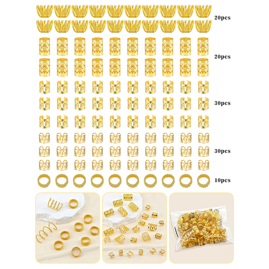 110 Pcs Gold Hair Jewelry for Braids and Dreadlocks - Metal Rings, Cuffs, Clips Accessory Decorations - Golden Yellow