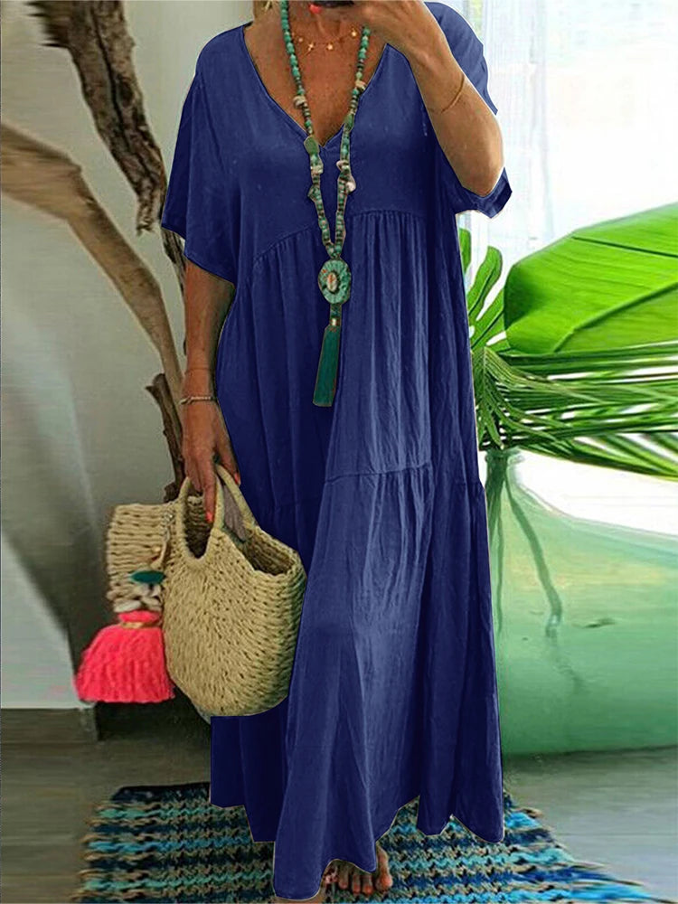 plus Size Women's V Neck Casual Dress Irregular Hem Swing Maxi Long Dress Flowy Elegant Gown for All Seasons