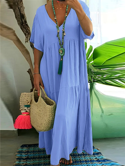 Plus-Size Women's Casual, Loose-Fitting, V-Neck Solid-Color Long Dress; Spring/Summer Pleated Plus-Size Women's Dress