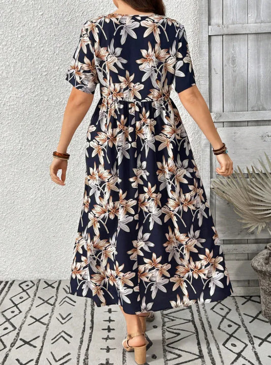 Plus Size Navy Floral Midi Dress, Round Neck Waist Pleated Loose A Line Long Dress for Curvy Women, Vintage Tropical Print Summe