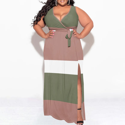 Plus Size Womens Sexy Casual Dresses for Curvy Women 3D Printed halterneck V Neckline Short Sleeve Loose High Vent Maxi Dress