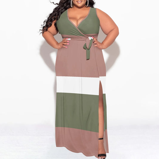 Plus Size Womens Sexy Casual Dresses for Curvy Women 3D Printed halterneck V Neckline Short Sleeve Loose High Vent Maxi Dress