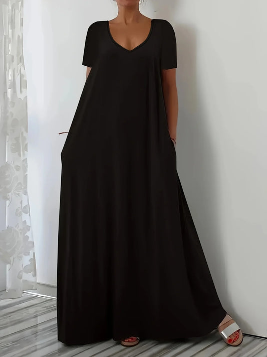 Plus Size Summer new long skirt casual loose short sleeved solid color V-neck plus size dress for women