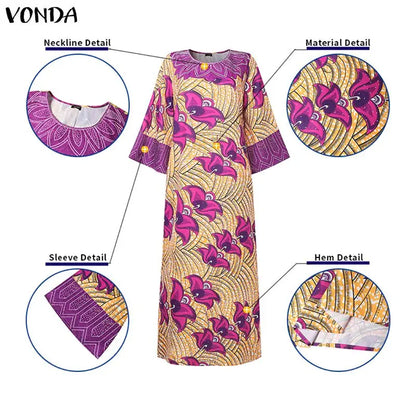 Plus Size 5XL VONDA Bohemian Print Maxi Dresses Women Vintage Long Vestidos Casual Holiday Party Robe 3/4 Sleeve Curve Sundress