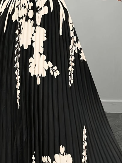 plus Size Elegant Dress Stylish Gracious Fashion Position Printing Gored Skirt Craft Pleated Skirt for Women