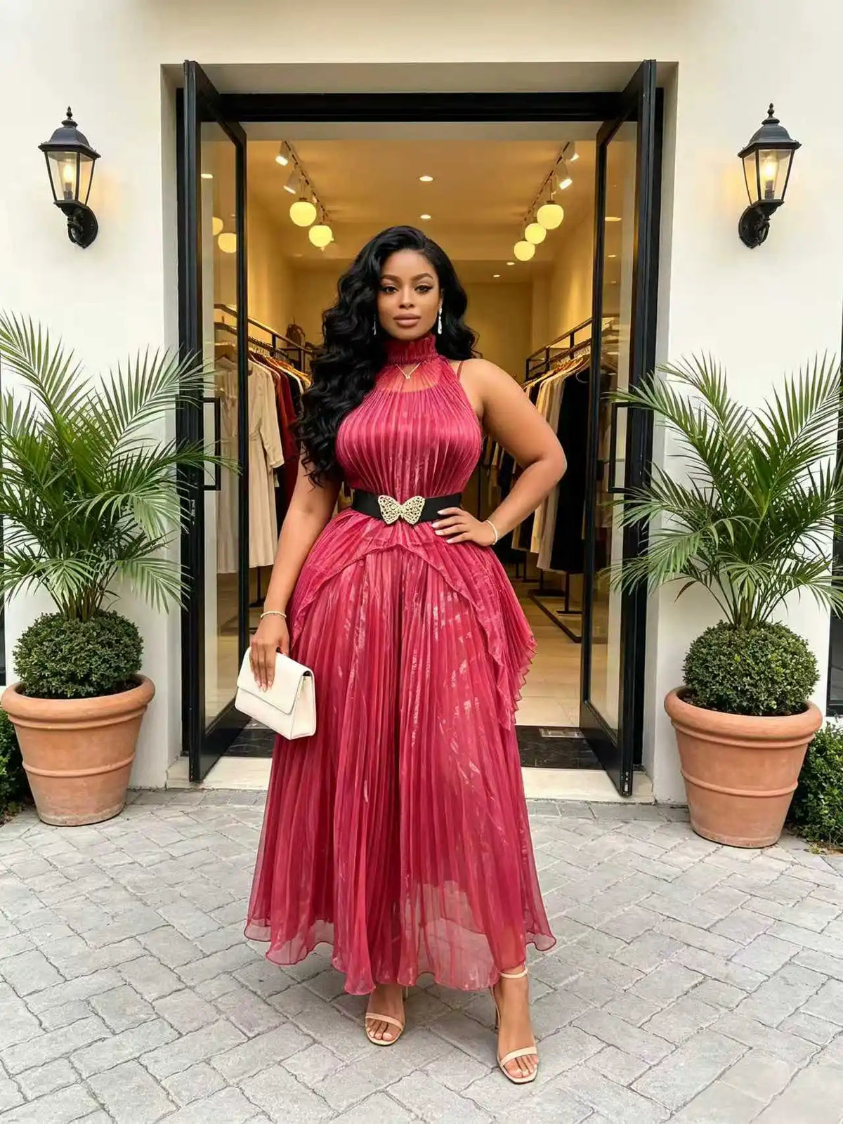 Plus Size Women Two Piece Pleated Skirt Set High Neck Sleeveless Top Midi Dress with Black Gold Butterfly Belt Ladies Elegant Ou