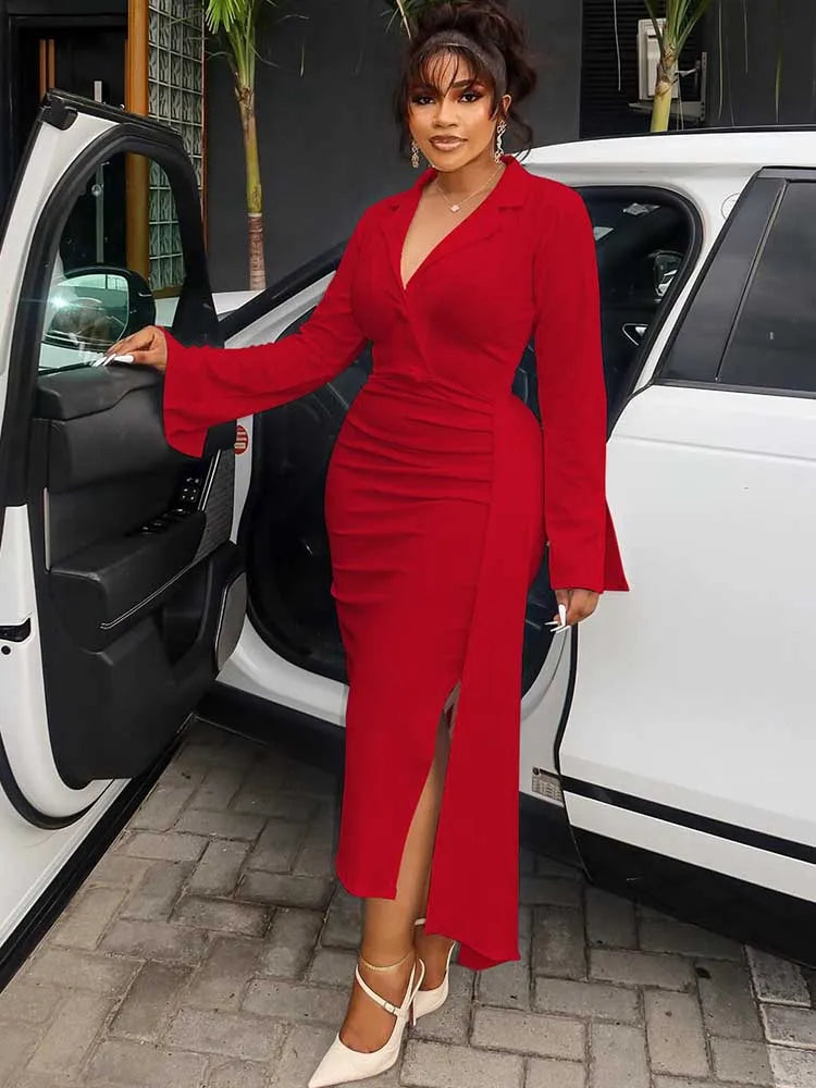 Plus Size Chubby Dress Curvy Women Solid Color Luxurious Slimming Evening Dresses V Neck Blazer Collar Long Sleeve Elegant Dress