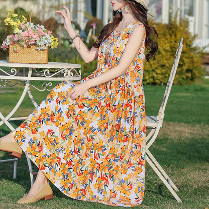 Plus Size Women Dress 2025 Summer Long Dress Vintage Loose Casual Elegant  Sleeveless Dress Women