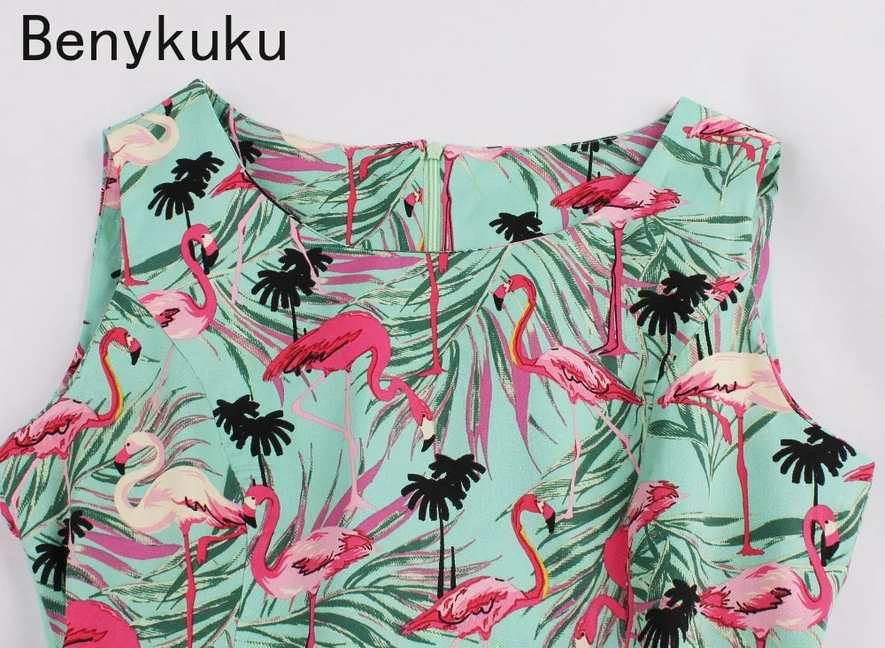 Plus Size Swan Flamingo Print Vintage Dress Women Casual Tunic Pin Up Robe 50s Rockabilly Summer Party Dresses Feminino Vestidos