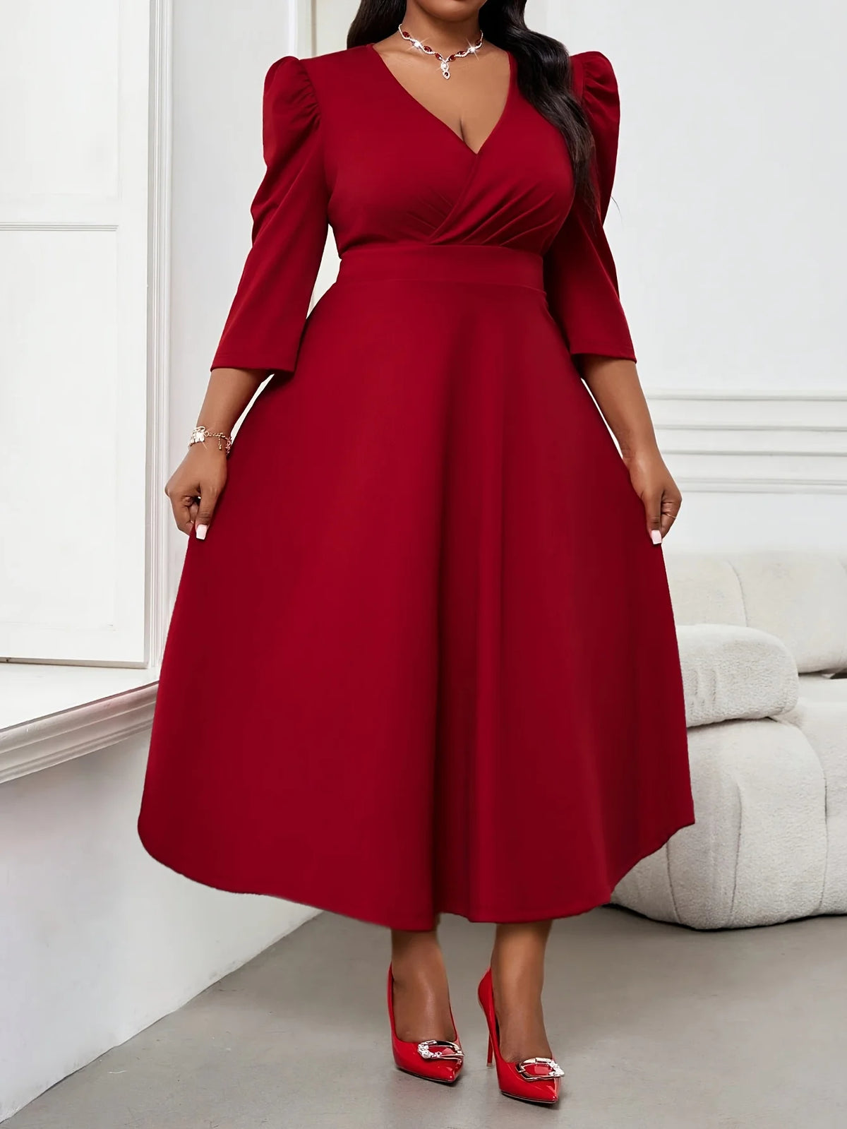 Plus Size Elegant Women Red Dress 2026 3/4 Sleeve High Waist A-Line Autumn Spring Office Lady Party Maxi Dress