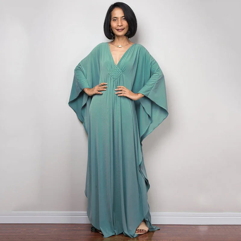 Plus Size Caftan Dresses for Women Solid Color Plus Size Beach Dress V Neck Cover Up Loose Soft Kaftan Loungewear