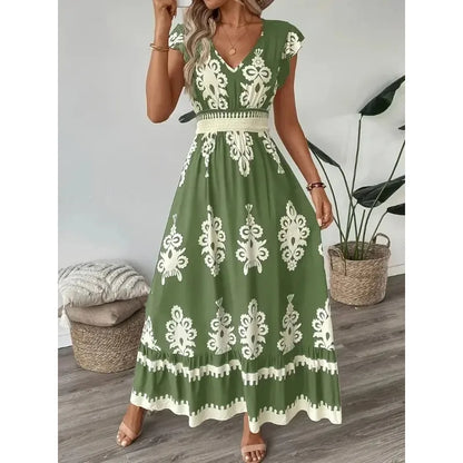 Plus Size New Women Fashion Floral Print V-Neck A-Line Dress with Ruffled Cap Sleeves Ladies Elegant Print Loose Summer Dress