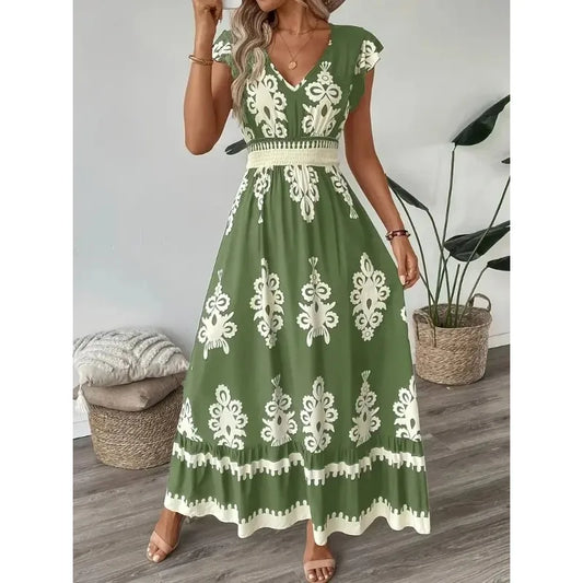 Plus Size New Women Fashion Floral Print V-Neck A-Line Dress with Ruffled Cap Sleeves Ladies Elegant Print Loose Summer Dress