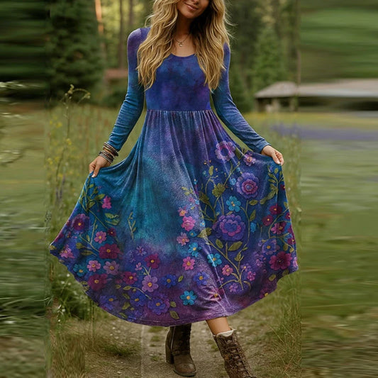 New Plus Size Women Dress Boho O Neck Long Sleeve A-line Party Dresses For Women Spring Autumn Flower Printed Long Dress