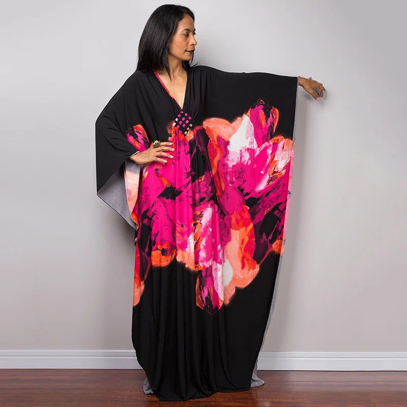 Plus Size Dresses Womens Caftan Floral Print Kaftan Dress Short Sleeve Swimsuit Cover up Loungewear for Summer