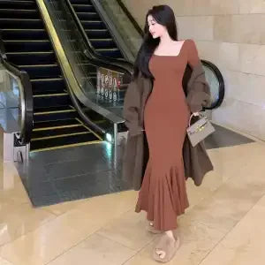 Plus Size Women Square Neck Long Sleeve Mermaid Maxi Dress Slim Bodycon Solid Color Elegant Party Dress