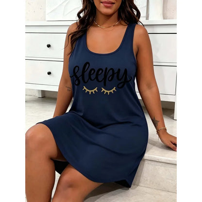 Plus-Size Women's Casual Sleepwear, Letter-Print Round Neck Curved Hem Straight Sleep Dress, Plus-Size Summer Cool Home Clothing