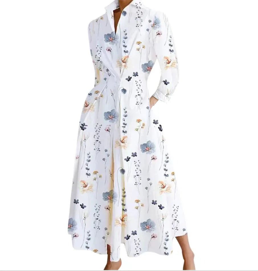 Plus Size Dress for Women Summer Elegant Lapel Oil Painting Button Shirt Dress Vestidos Casual 3/4 Sleeve Dress Party Vestido