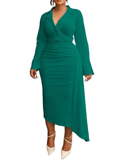 Plus Size Chubby Dress Curvy Women Solid Color Luxurious Slimming Evening Dresses V Neck Blazer Collar Long Sleeve Elegant Dress