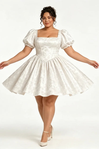 Plus Size Ivory Jacquard Satin Corset Mini Dress Elegant Square Neck Croset Back A‑Line Short  Romantic Homecoming Customized