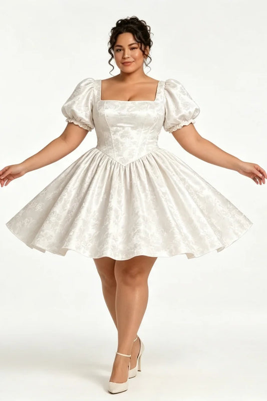 Plus Size Ivory Jacquard Satin Corset Mini Dress Elegant Square Neck Croset Back A‑Line Short  Romantic Homecoming Customized