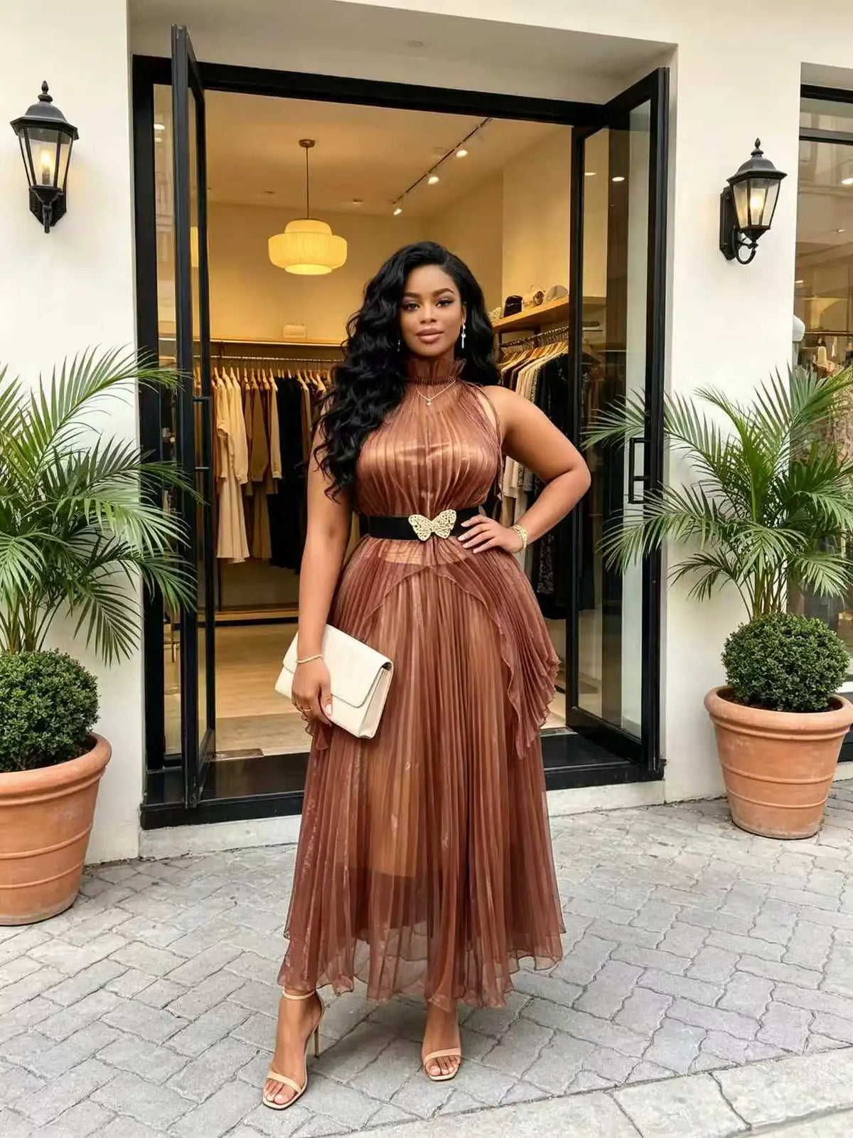 Plus Size Women Two Piece Pleated Skirt Set High Neck Sleeveless Top Midi Dress with Black Gold Butterfly Belt Ladies Elegant Ou