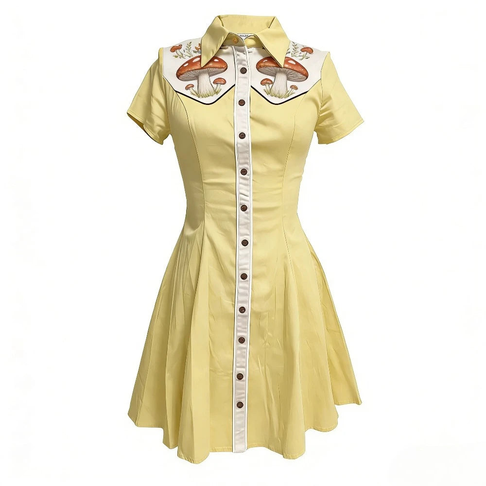Women's Plus Size Cute Mushroom Print Lapel Collar Dress Button Down Slim Fit Casual Party Dress Cotton Soft Casual Dresses