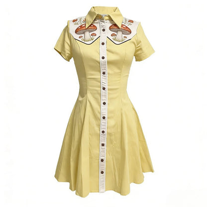 Women's Plus Size Cute Mushroom Print Lapel Collar Dress Button Down Slim Fit Casual Party Dress Cotton Soft Casual Dresses