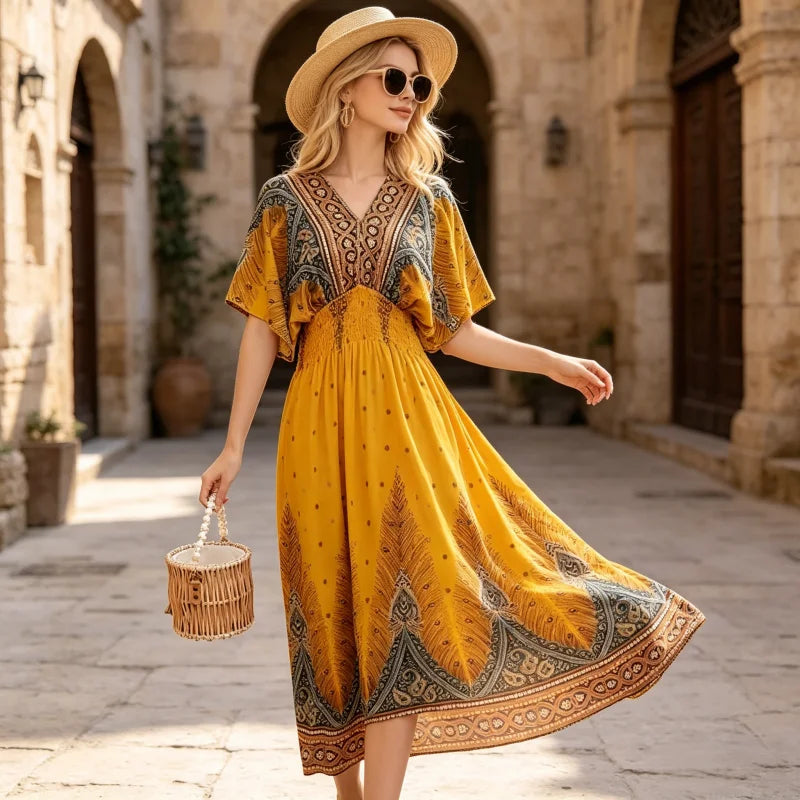 Plus Size Elegant Party Woman Midi Dresses Casual Retro Ethnic Style V-neck Tunic Large Swing Floral Printed Long Skirt Holiday