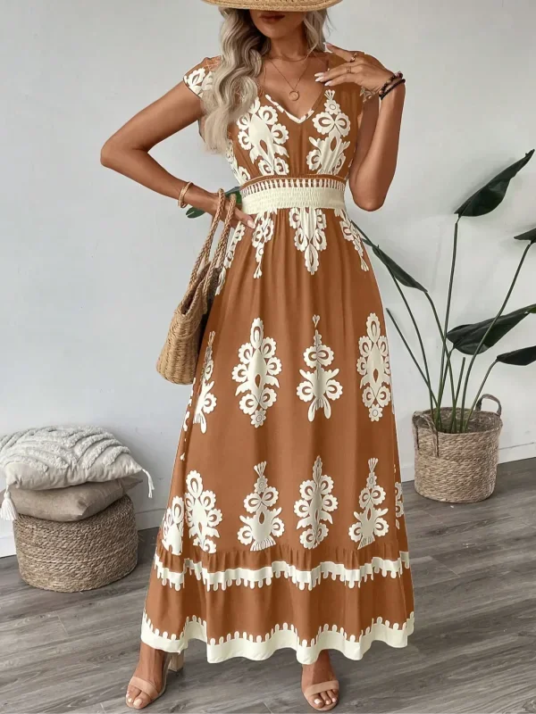 Plus Size New Women Fashion Floral Print V-Neck A-Line Dress with Ruffled Cap Sleeves Ladies Elegant Print Loose Summer Dress