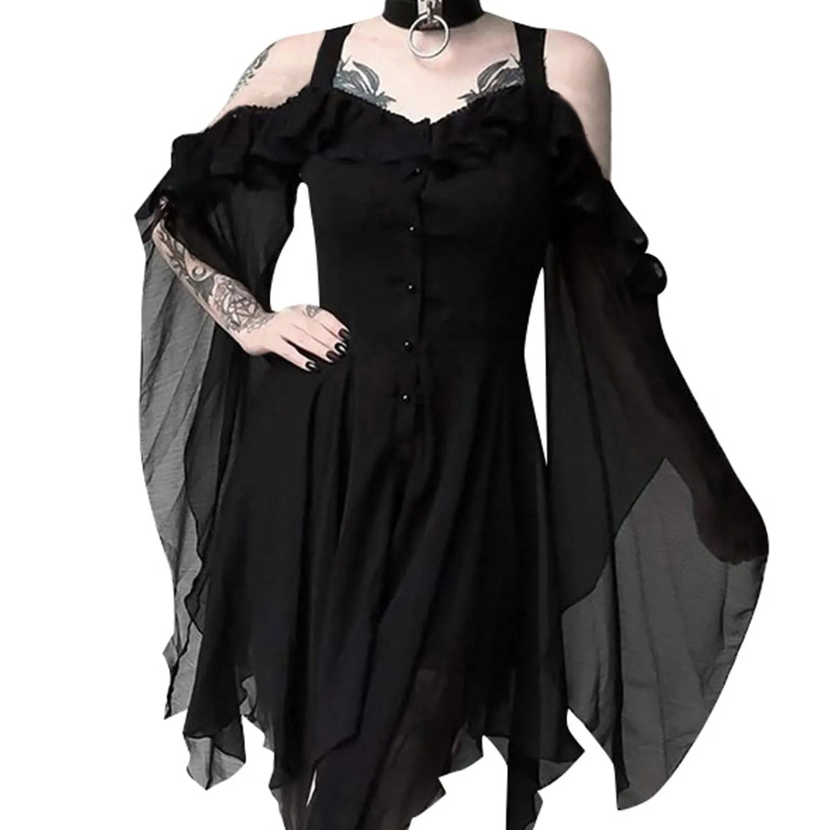 2024 Women Plus Size Fashion Dew Shoulder Gothic Ruffled Sling Dress Irregular Dress（S-5XL) Vintage Punk Harajuku Lolita Clothes