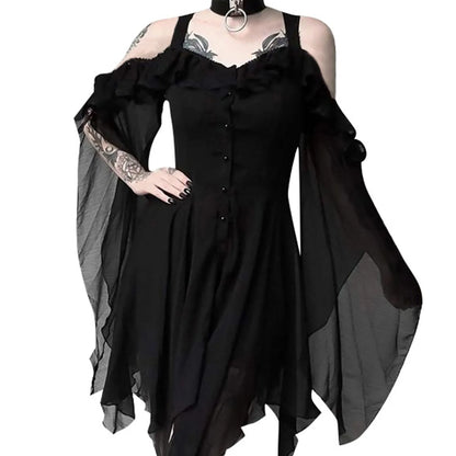 2024 Women Plus Size Fashion Dew Shoulder Gothic Ruffled Sling Dress Irregular Dress（S-5XL) Vintage Punk Harajuku Lolita Clothes