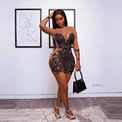 Sexy Tulle Women Customized Evening Gowns Zipper Back Short Black Lace Appliques Dresses Long Sleeves Plus Size Party Dress
