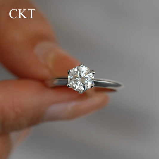 CKT Real 18k White Gold 0.5-5ct Diamond Moissanite Rings for Women Classic Six-Claw Crown Proposal Platinum Pt950 Bands Jewelry