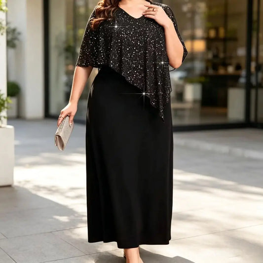 2026 Women Plus Size Dress O-neck Midi Loose Dress Lady Evening Chiffon Sequin Sexy Elegant Dress Female Clothing Summer Autumn