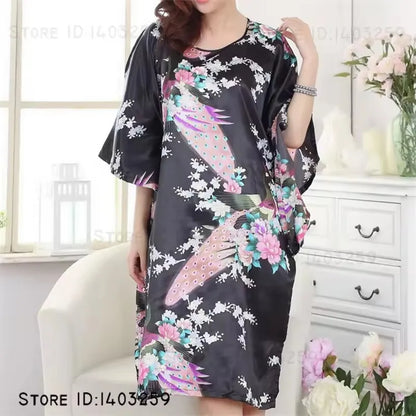 Plus Size Women Green Long Sleep Dress Nightgown Loose Casual Satin Home Clothes Bath Robe Gown Print Loungewear Nightwear ﻿