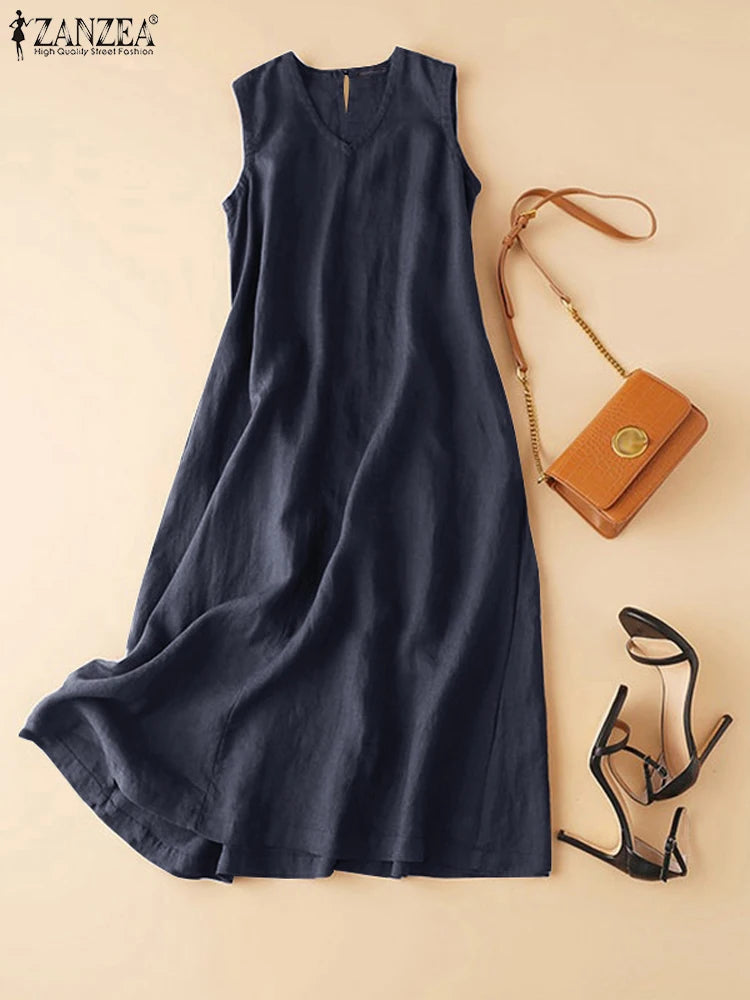 ZANZEA Plus Size Cotton Sleeveless Dresses 2025 Summer Womens Casual V Neck Solid Sundress Loose Vestidos Vintage Robes Femme