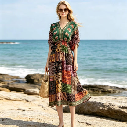 Plus Size Elegant Party Woman Midi Dresses Casual Retro Ethnic Style V-neck Tunic Large Swing Floral Printed Long Skirt Holiday