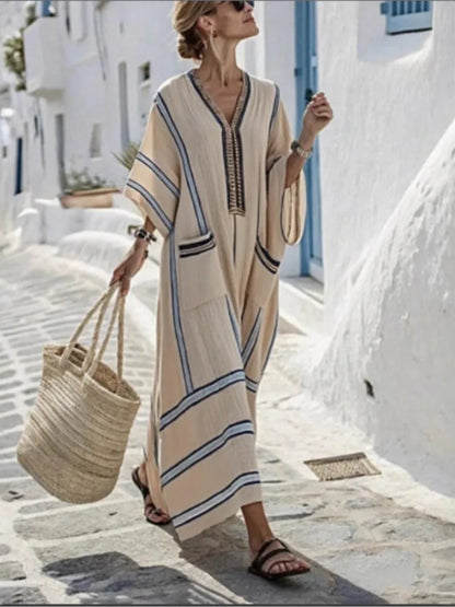 Plus Size Dress Women Boho Striped Extra Long V Neck Oversized Robe Summer Linen Beach Vacation Daily Casual Commuting Vestidos