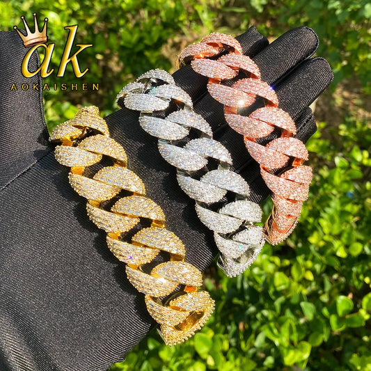 Aokaishen 25mm Special Clasp Baguette Cuban Link Bracelet for Men 5A Cubic Zirconia Gold Plated Hip Hop Jewelry
