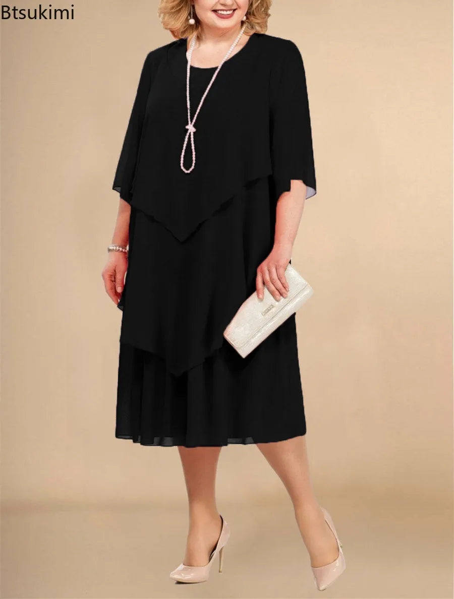 Plus Size Elegant Chiffon Dress Women's Irregular Layered Hem Flowy Midi Dress Fashion Party Wedding Guest Summer O-neck Dresses