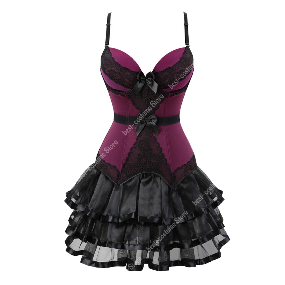 Burlesque Corset Dresses for Women Plus Size Sexy Corset Lingerie Top With Cup Black Sexy Lace Corset Dress With Straps