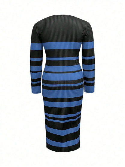 Plus-size Women's Spring and Autumn Slimming Striped Print Long-sleeved Gathered Dress
